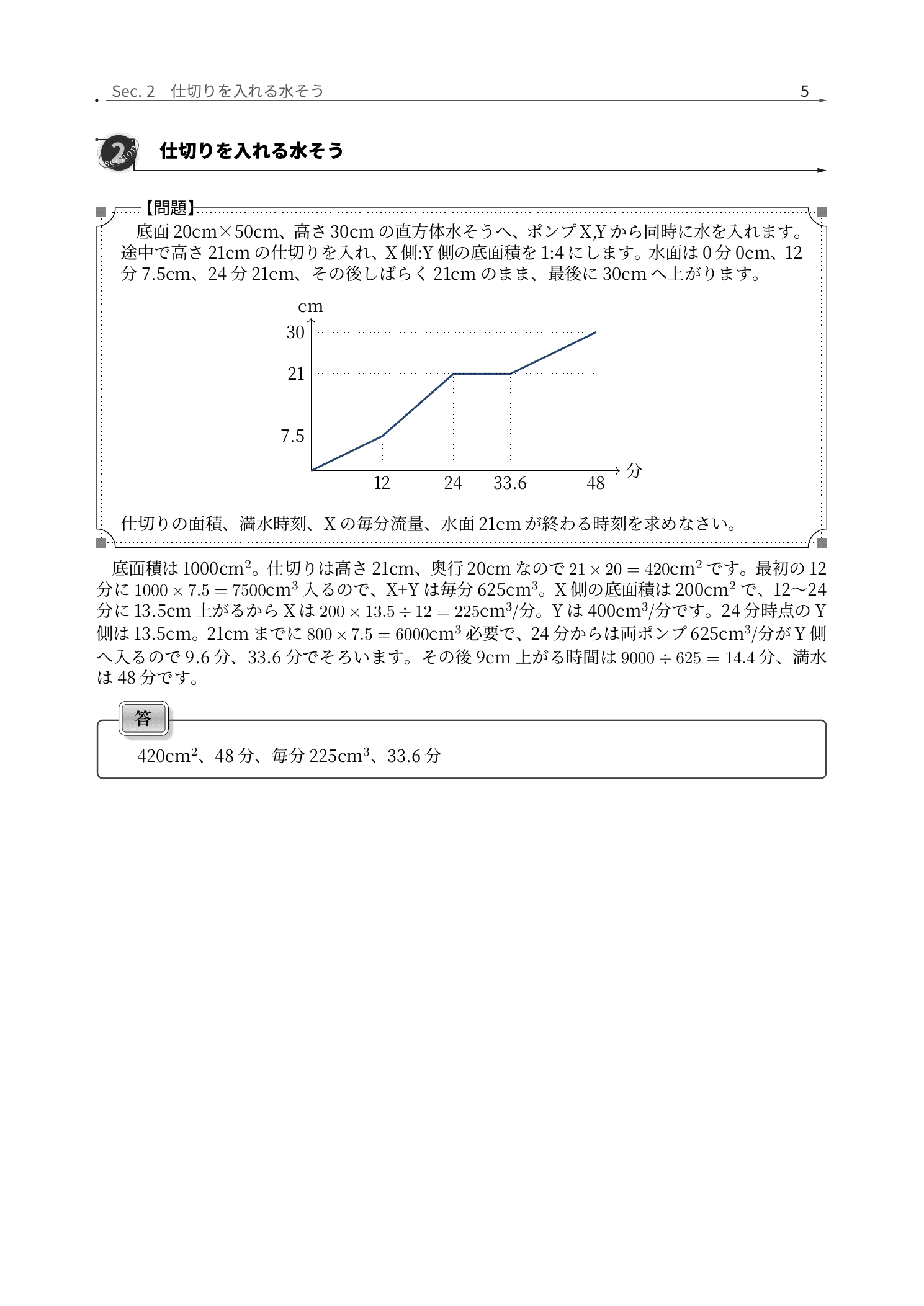 フェリス女学院中学校算数、仕切りを入れる水そうを高さ別に分ける解説紙面