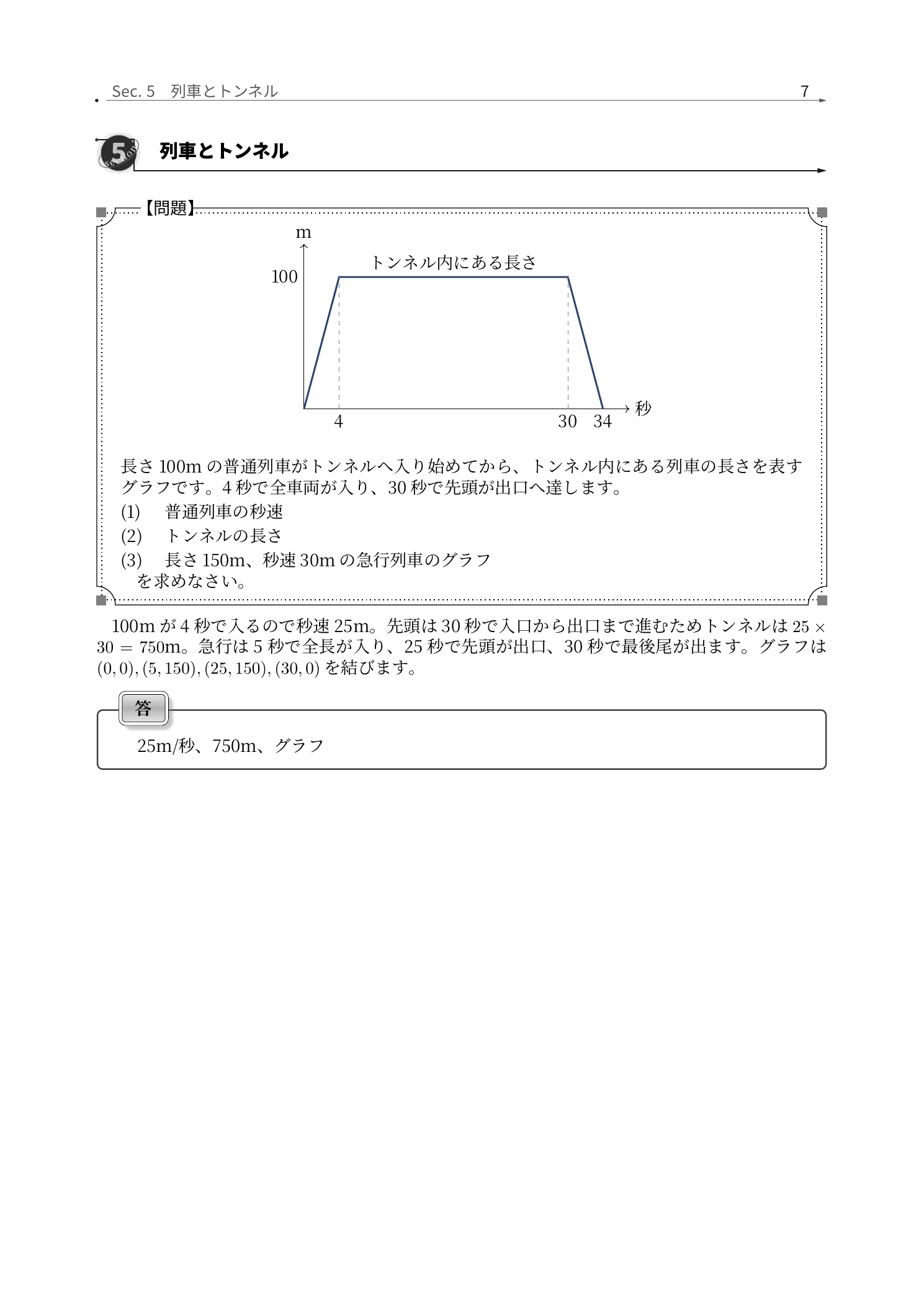 日本女子大学附属中学校算数、列車とトンネルを先頭・最後尾で追う解説紙面