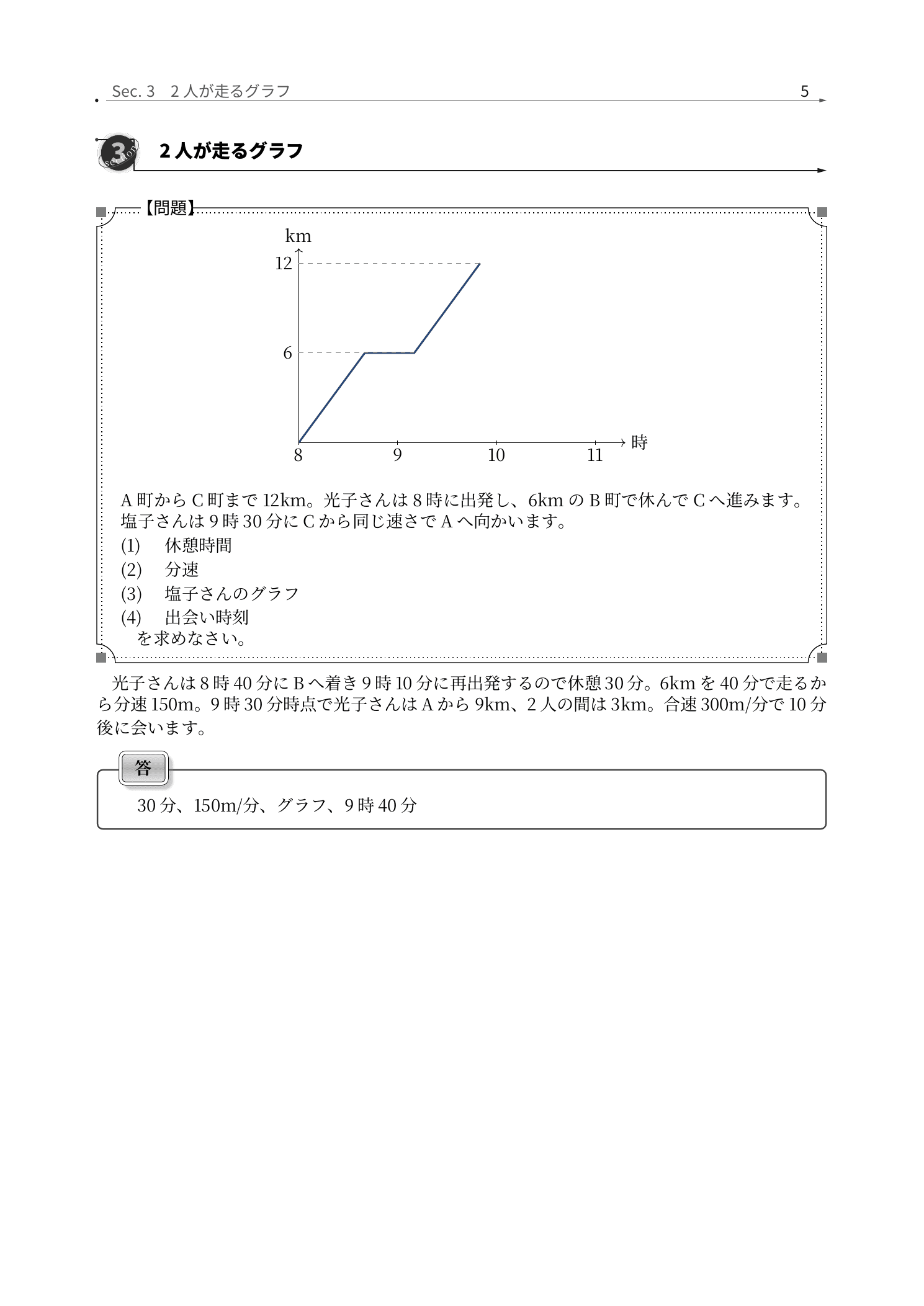 光塩女子学院中等科算数、2人が走る様子を折れ線グラフへ戻す解説紙面