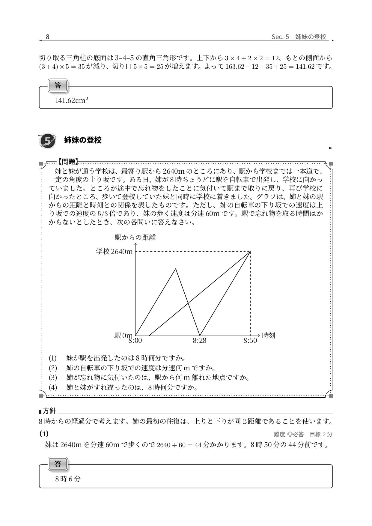 国府台女子学院中学部算数の坂道の往復を解説した実際の紙面