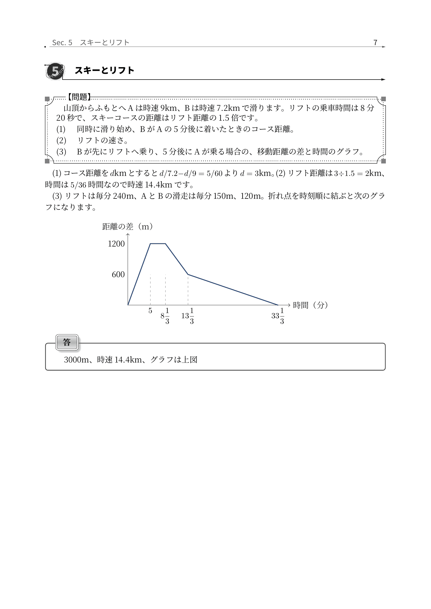 東京農業大学第一高等学校中等部算数、スキーとリフトを区間別の速さで追う解説紙面