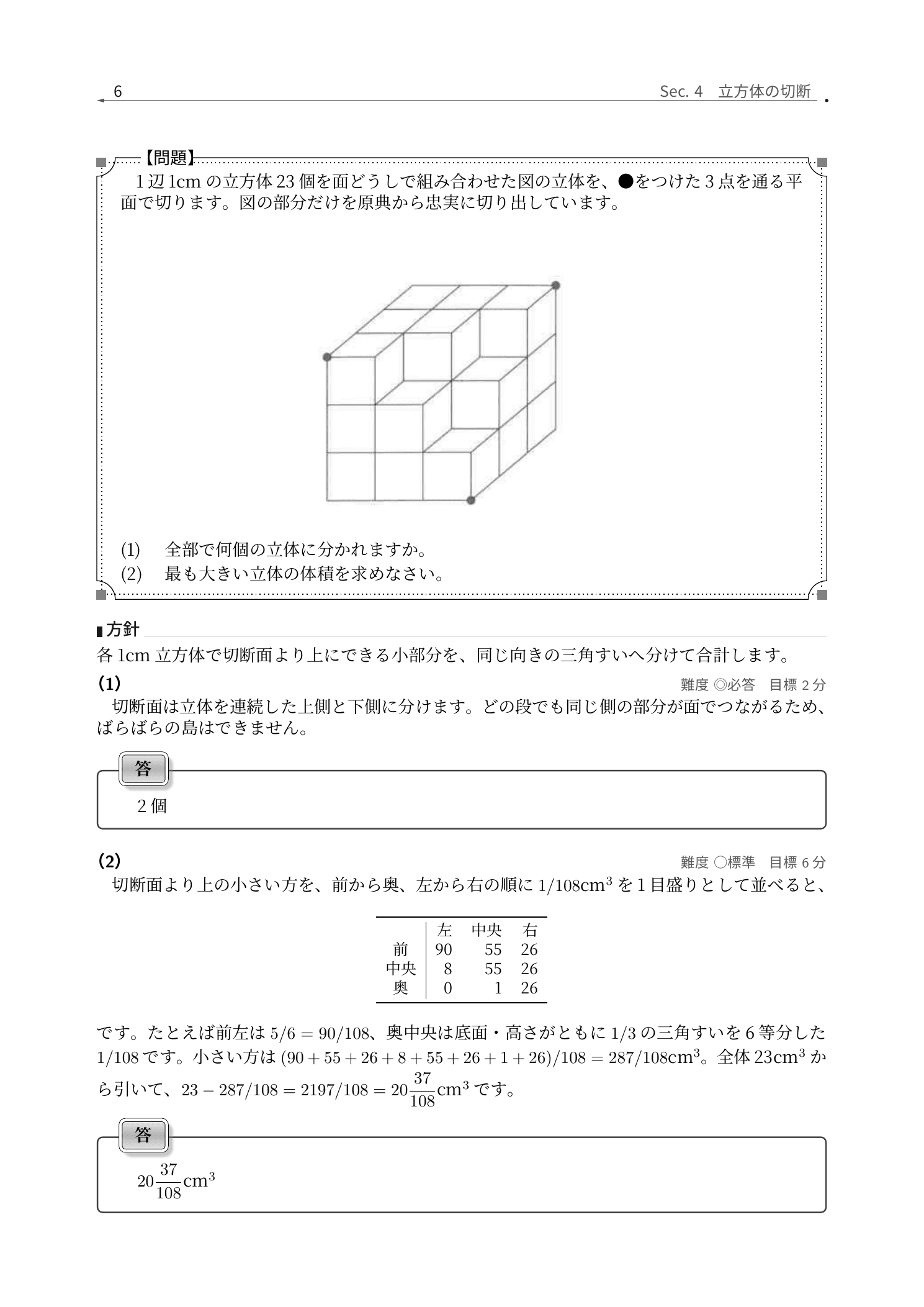 専修大学松戸中学校算数の立方体の切断を解説した実際の紙面