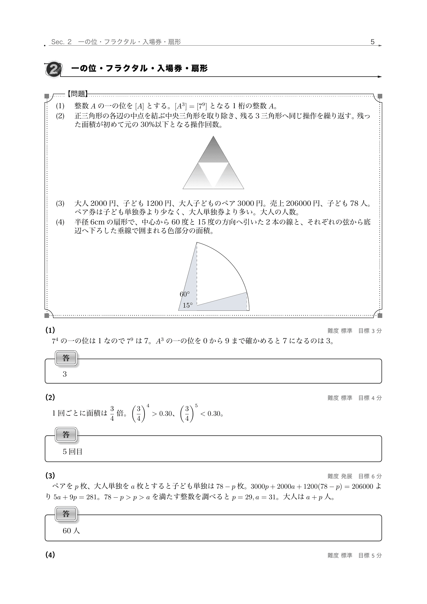 三角形の反復操作と扇形問題を自前図版で示した洗足学園2026年解説5ページ