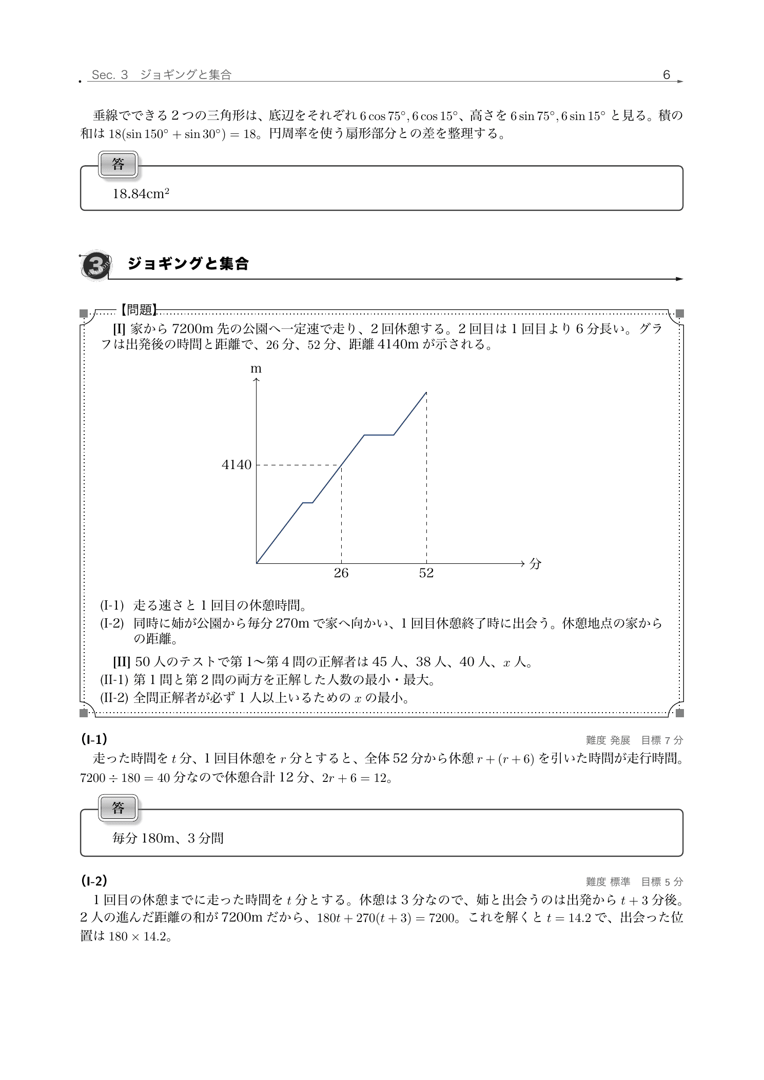 2回の休憩を含むジョギングの距離時間グラフと解説を載せた洗足学園2026年解説6ページ