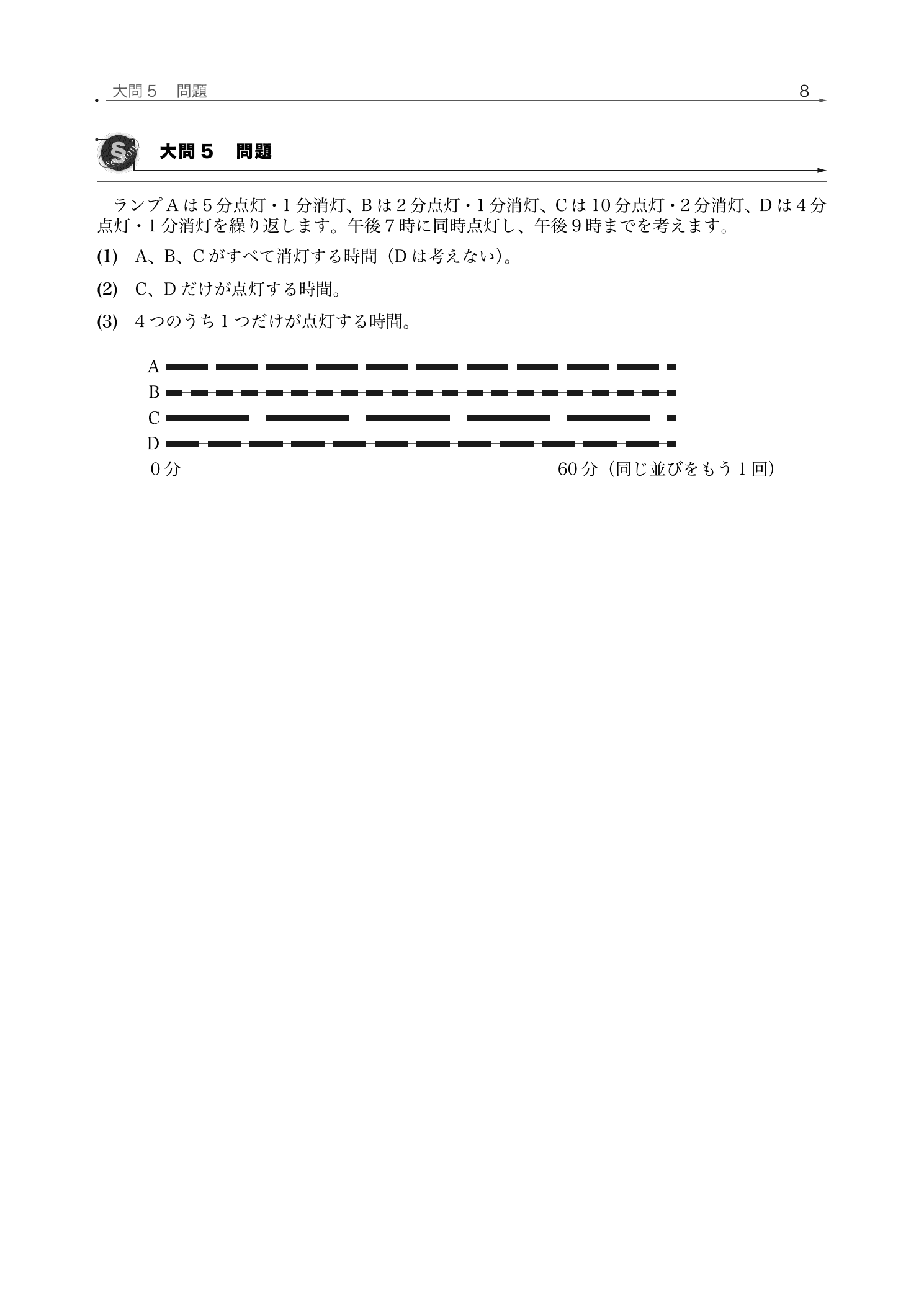 点灯周期が異なる4本のランプを横棒で表した東邦大東邦2026年度算数問題