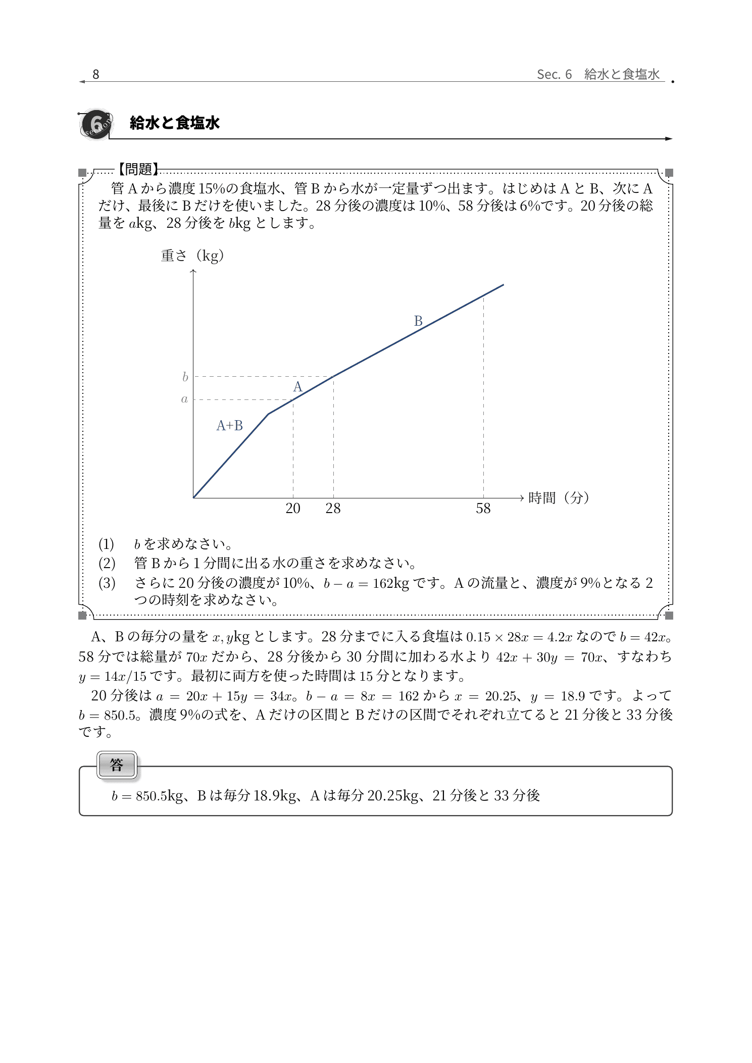 桐朋中学校算数、給水と食塩水を濃さの変化で追う解説紙面