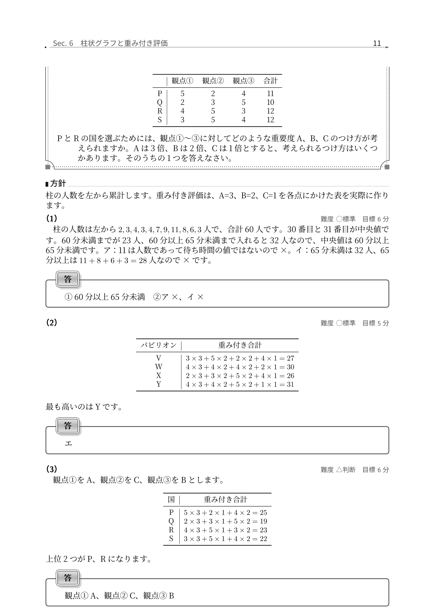 筑波大学附属中学校2026年度算数、柱状グラフと重み付き評価を累計表と計算表で解くページ