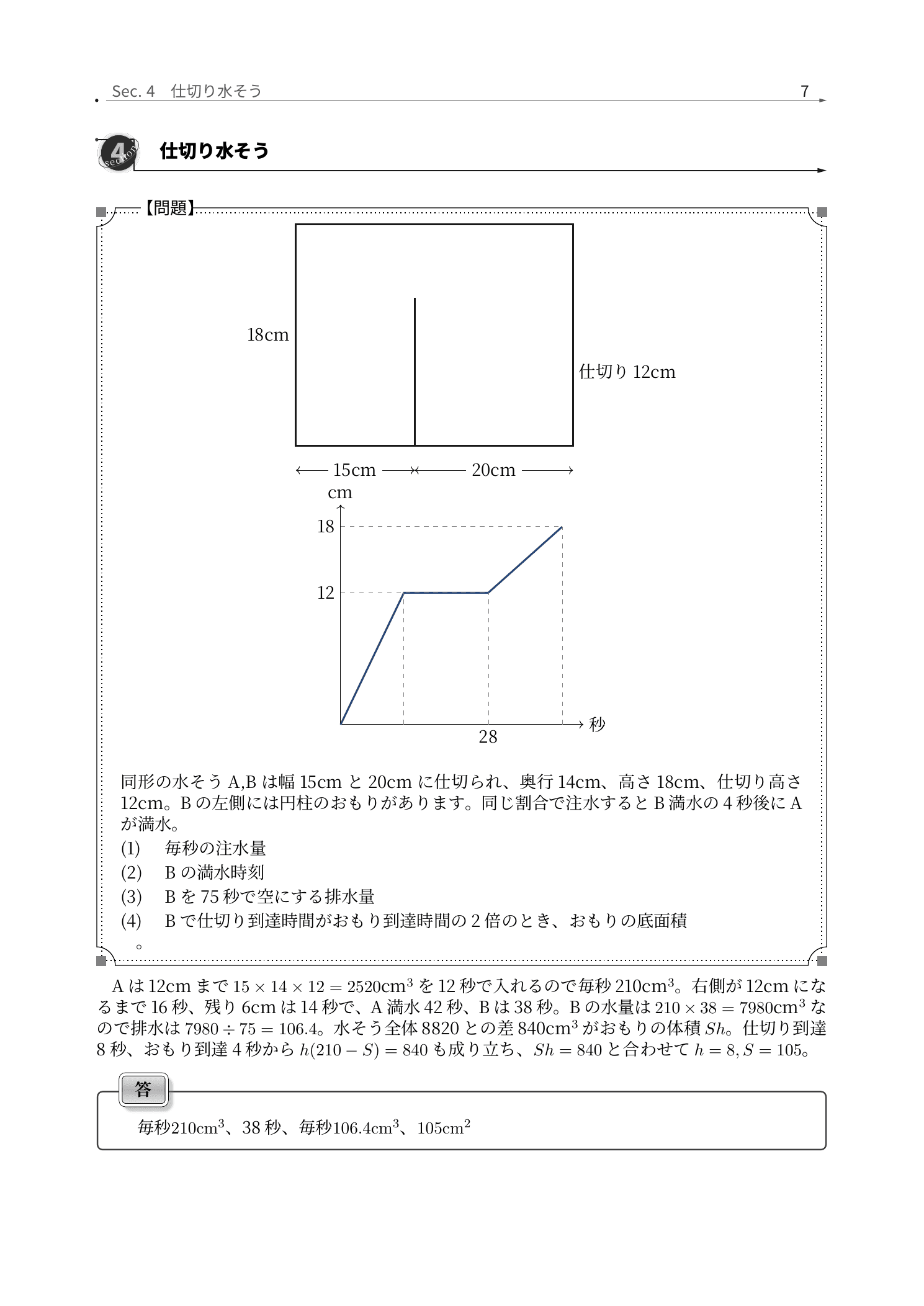 山脇学園中学校算数、仕切り水そうの水面を段階ごとに追う解説紙面